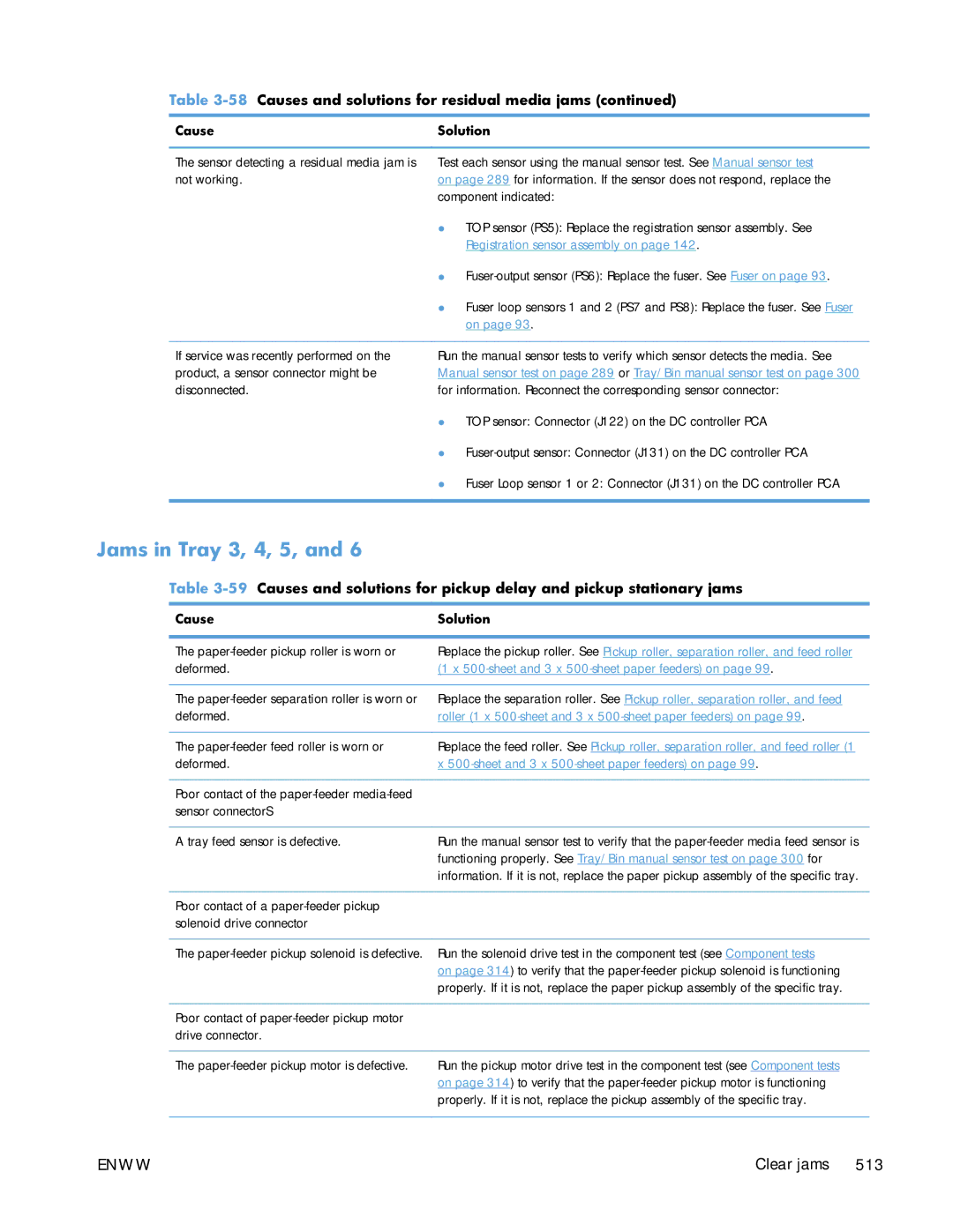 HP Enterprise CP5525 manual Jams in Tray 3, 4, 5, 58Causes and solutions for residual media jams 