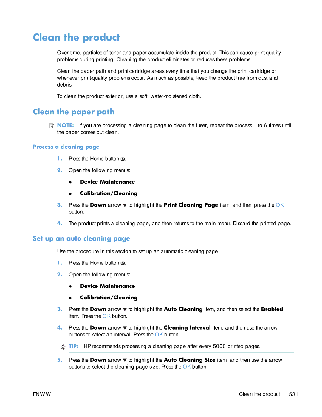 HP Enterprise CP5525 manual Clean the product, Clean the paper path, Set up an auto cleaning 