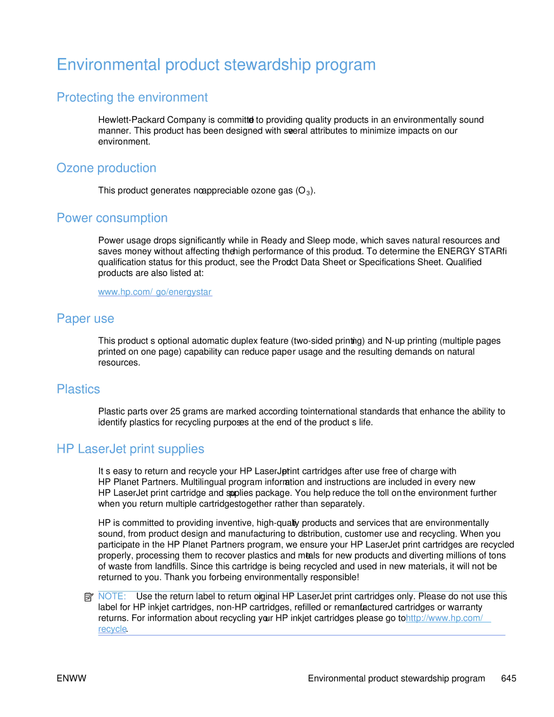 HP Enterprise CP5525 manual Environmental product stewardship program 