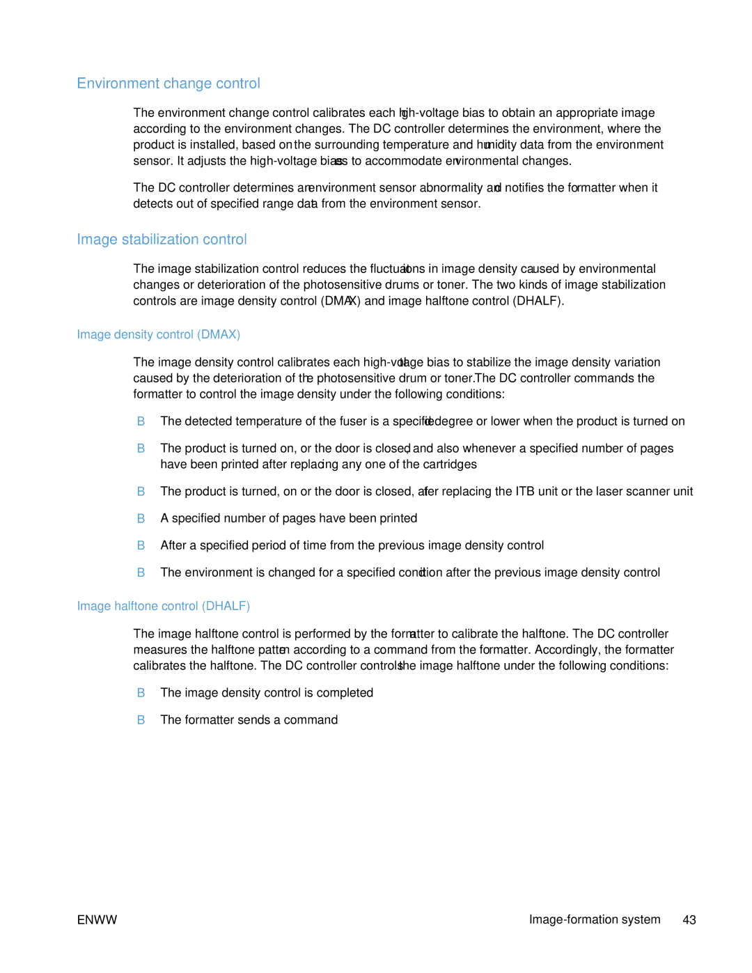 HP Enterprise CP5525 manual Environment change control, Image stabilization control, Image density control Dmax 