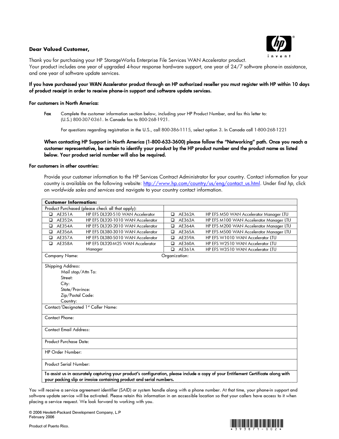 HP Enterprise File Services WAN Accelerator manual Dear Valued Customer, Customer Information 