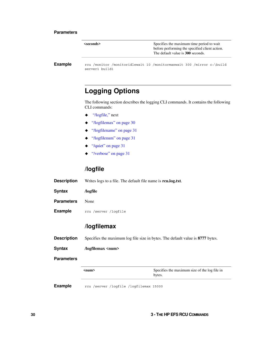 HP Enterprise File Services WAN Accelerator manual Logging Options, Logfilemax 