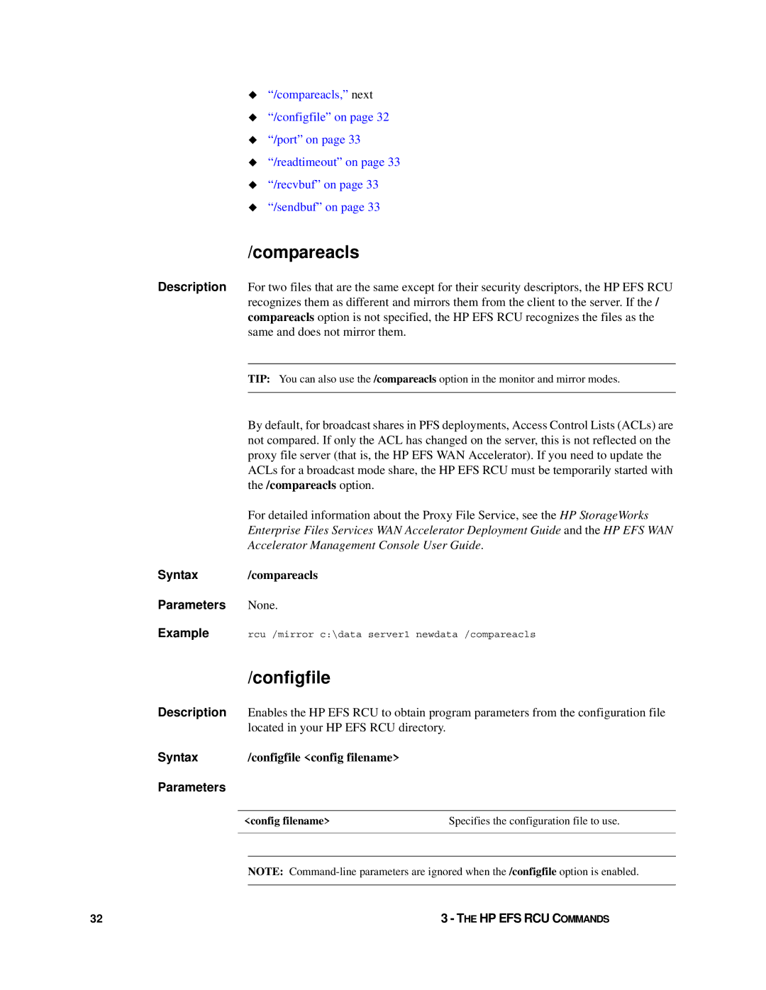 HP Enterprise File Services WAN Accelerator manual Compareacls, Configfile 