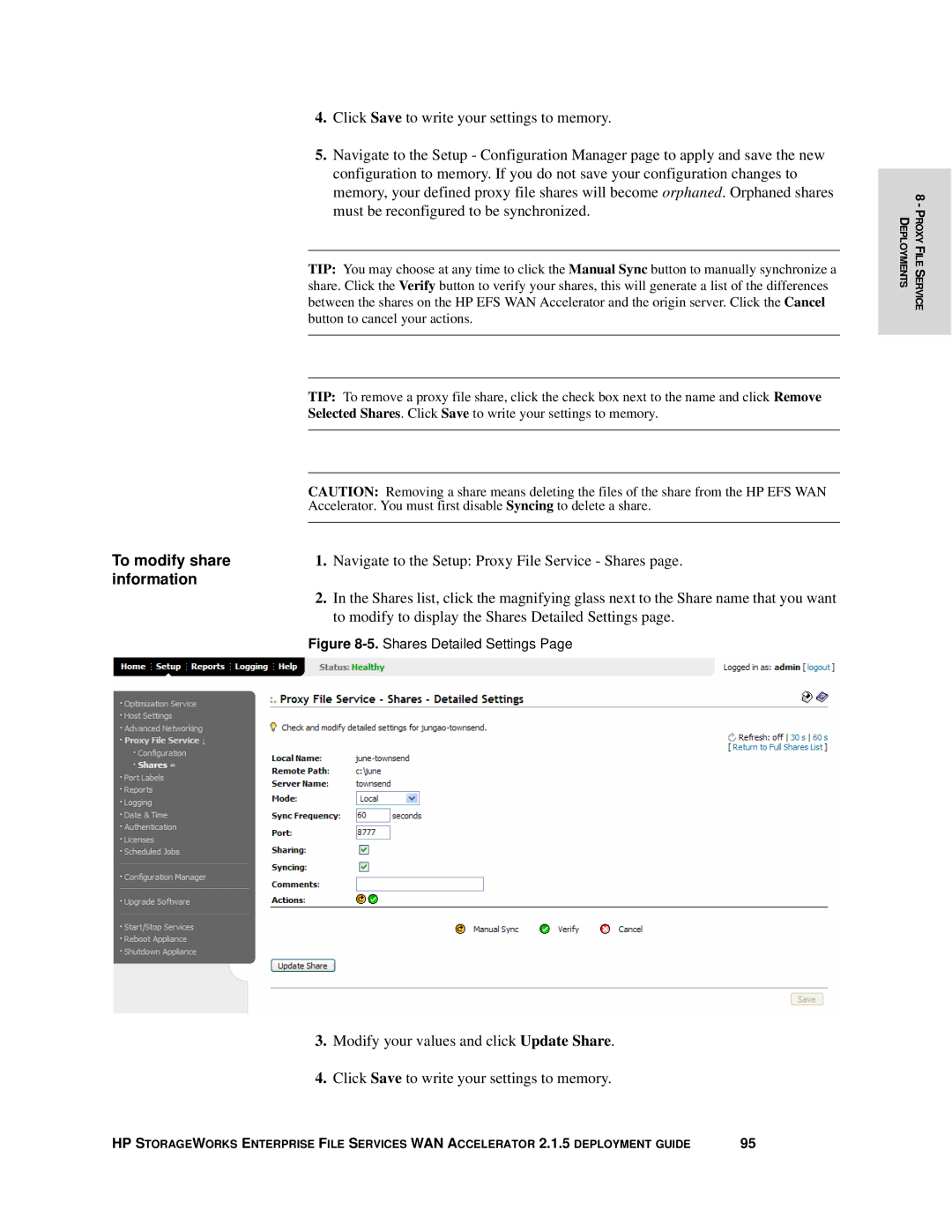 HP Enterprise File Services WAN Accelerator manual To modify share, Information 