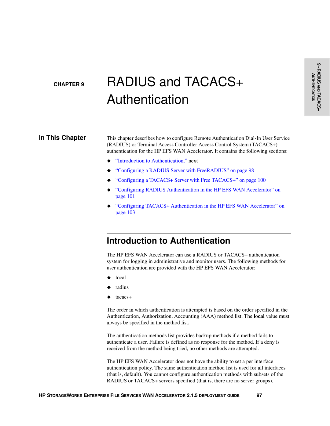 HP Enterprise File Services WAN Accelerator manual Radius and TACACS+ Authentication, Introduction to Authentication 