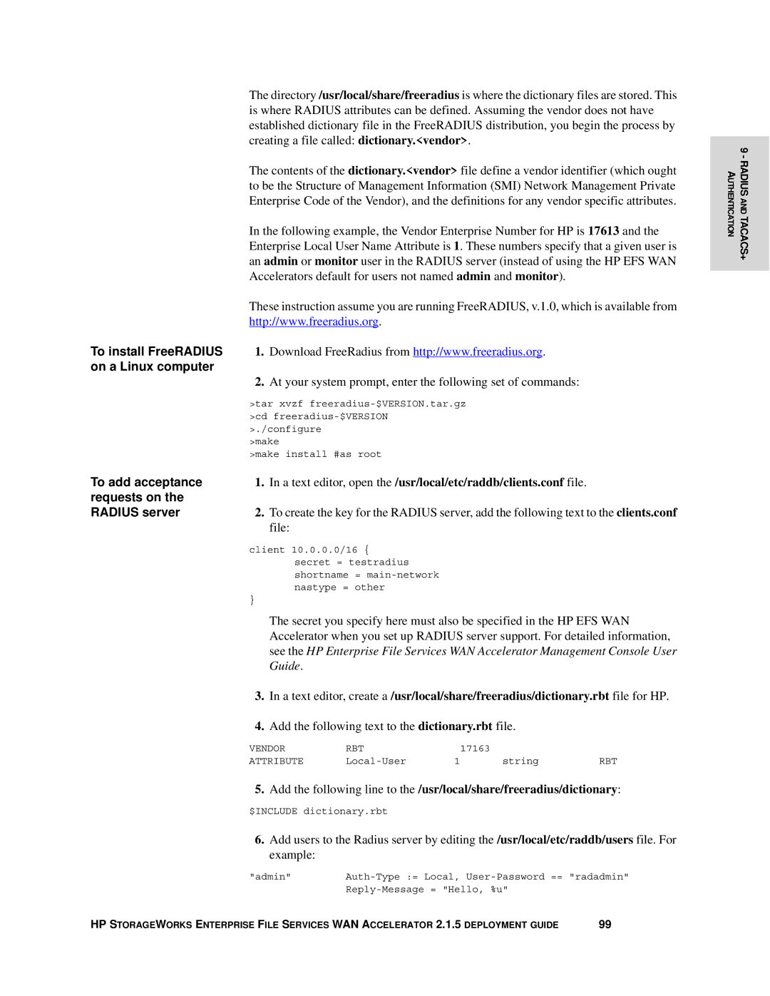 HP Enterprise File Services WAN Accelerator manual To add acceptance, Requests on, Radius server 
