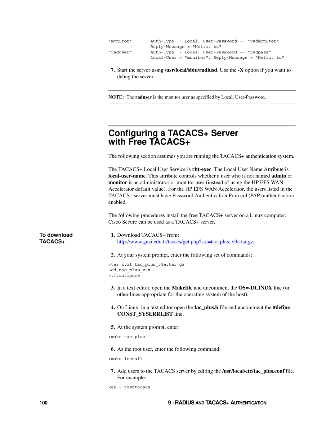 HP Enterprise File Services WAN Accelerator manual Configuring a TACACS+ Server with Free TACACS+, To download 