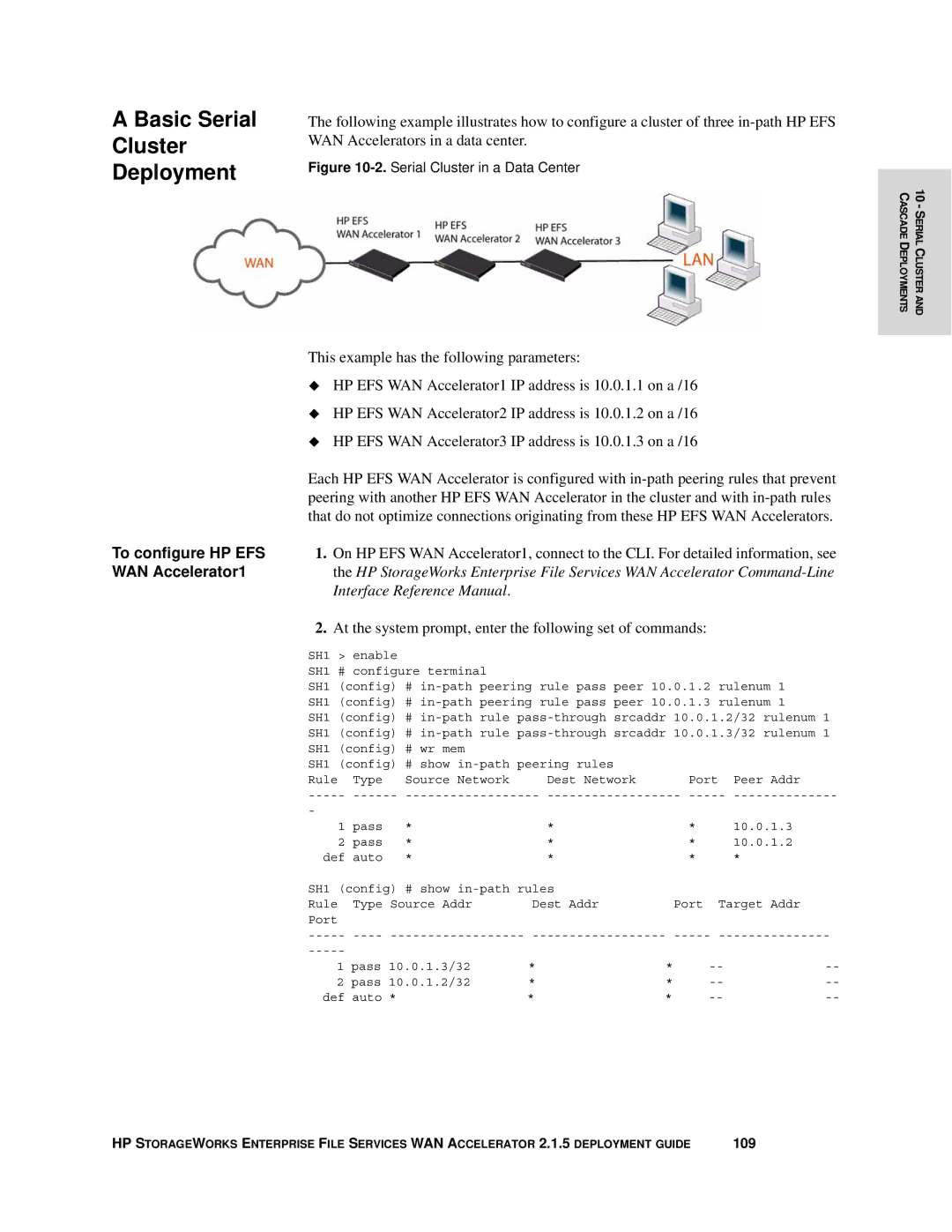 HP Enterprise File Services WAN Accelerator manual Basic Serial Cluster Deployment, To configure HP EFS WAN Accelerator1 