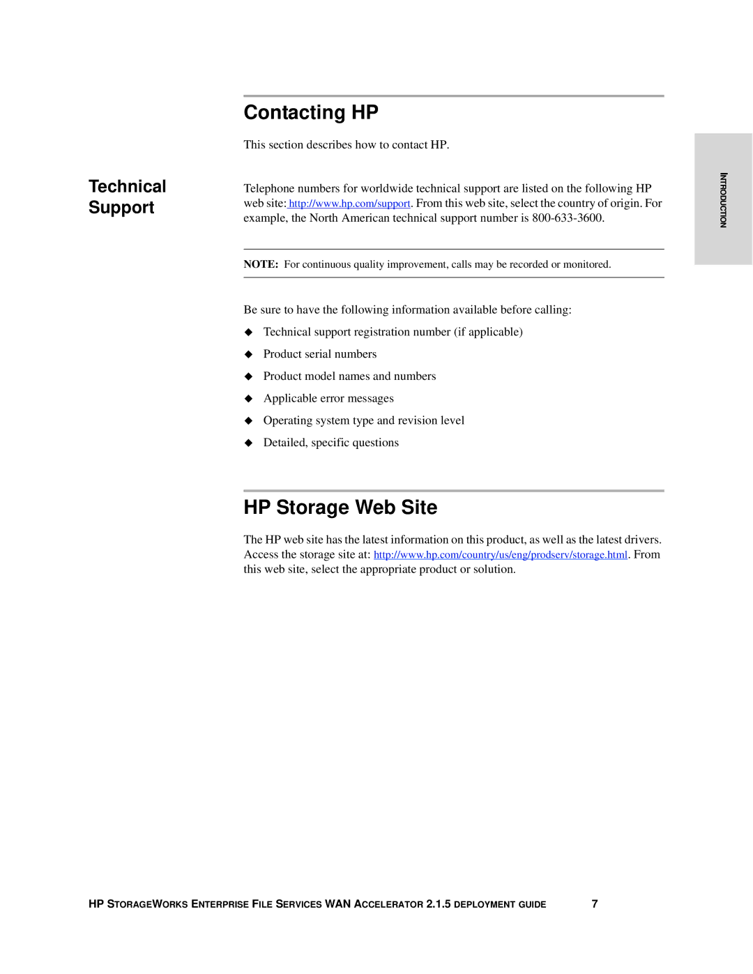 HP Enterprise File Services WAN Accelerator manual Contacting HP, HP Storage Web Site 