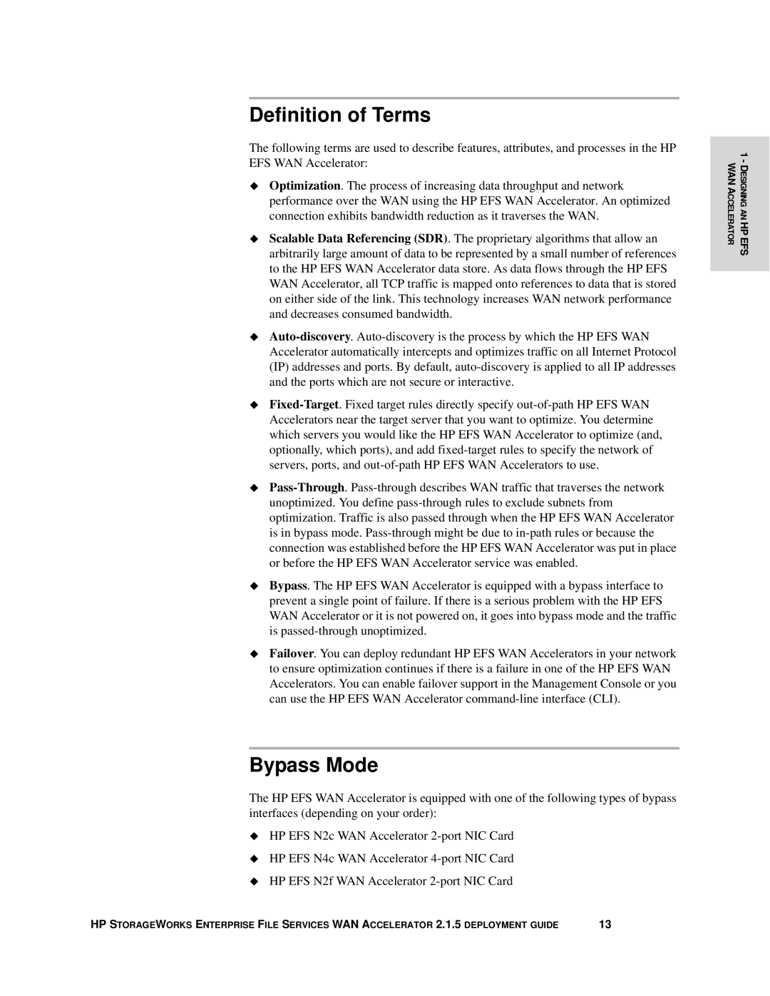 HP Enterprise File Services WAN Accelerator manual Definition of Terms, Bypass Mode 