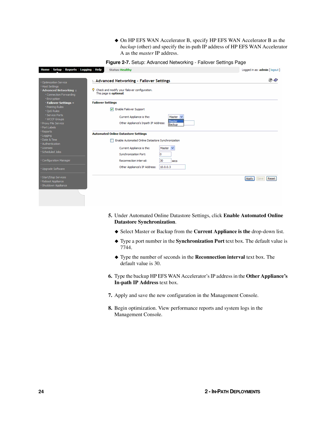 HP Enterprise File Services WAN Accelerator manual Setup Advanced Networking Failover Settings 