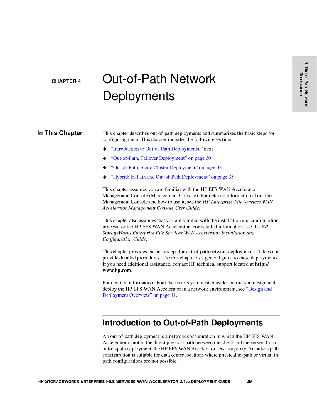 HP Enterprise File Services WAN Accelerator manual Out-of-Path Network Deployments, Introduction to Out-of-Path Deployments 