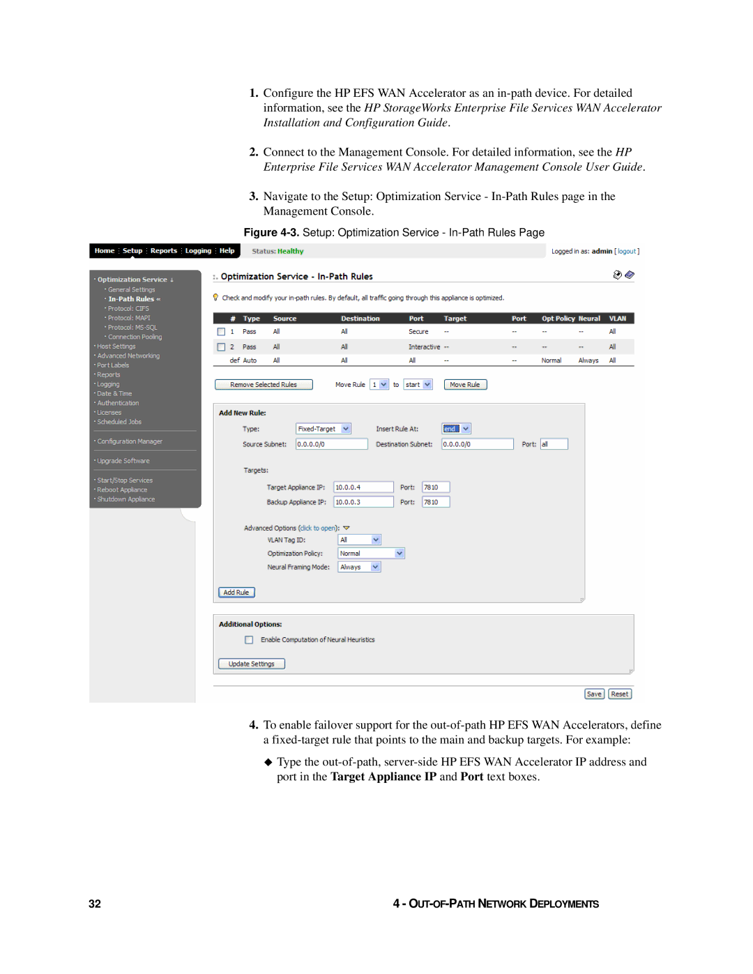 HP Enterprise File Services WAN Accelerator manual Setup Optimization Service In-Path Rules 