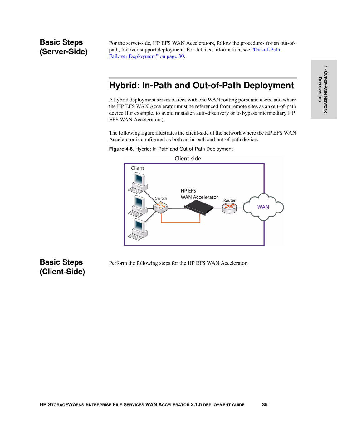 HP Enterprise File Services WAN Accelerator manual Hybrid In-Path and Out-of-Path Deployment, Basic Steps, Server-Side 