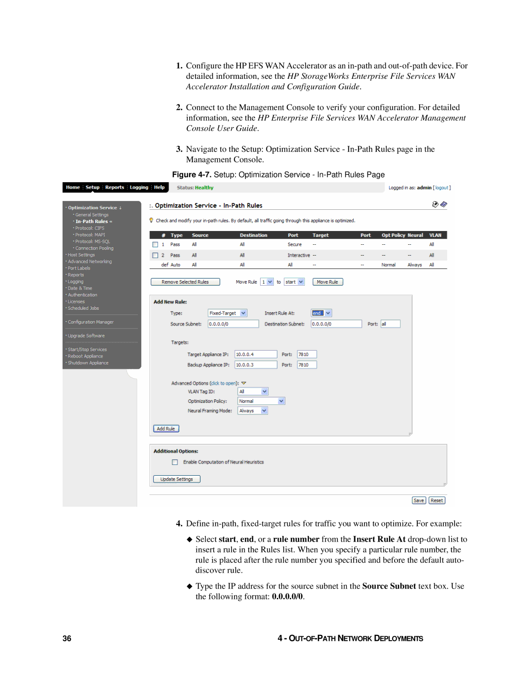 HP Enterprise File Services WAN Accelerator manual Setup Optimization Service In-Path Rules 