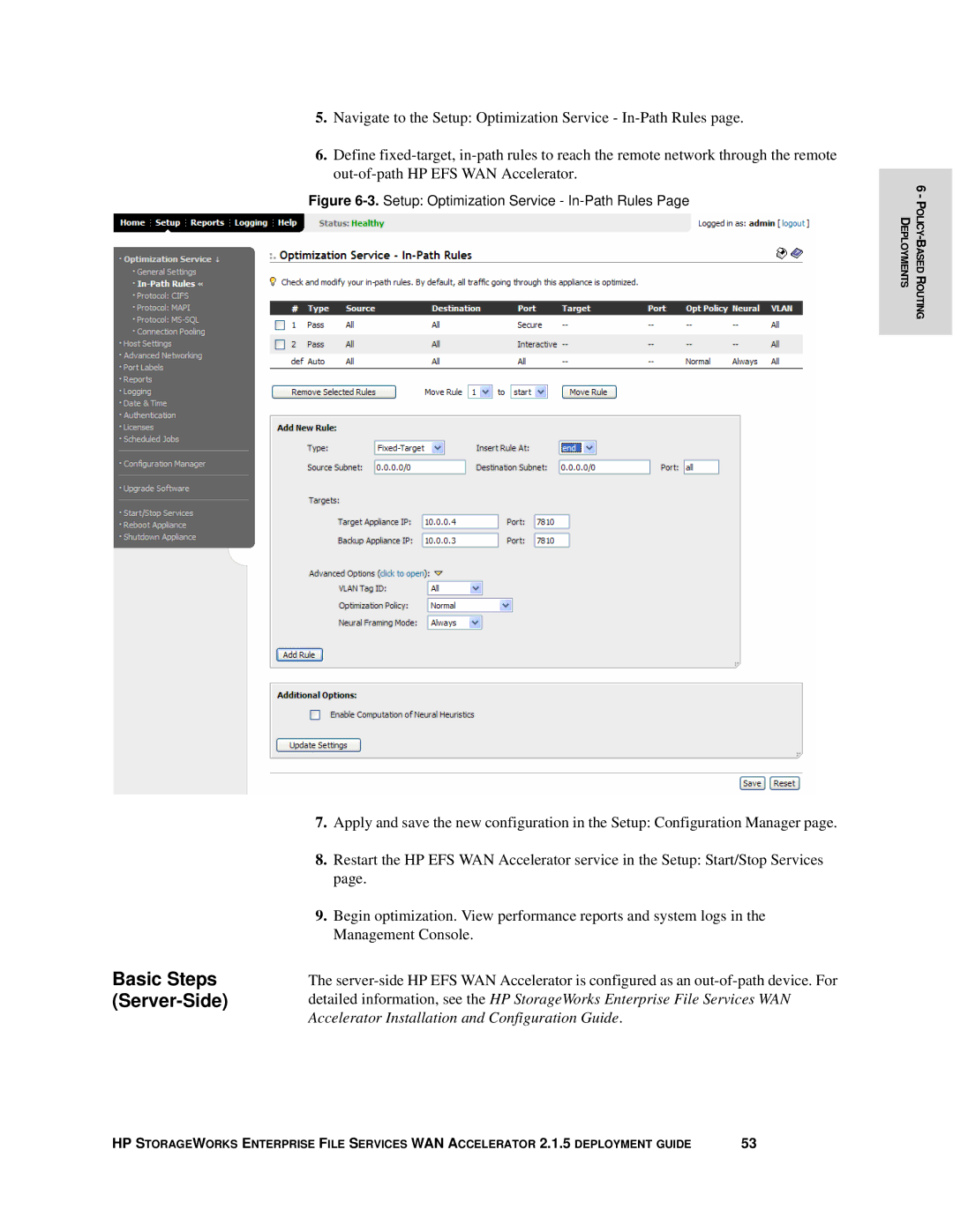 HP Enterprise File Services WAN Accelerator manual Setup Optimization Service In-Path Rules 