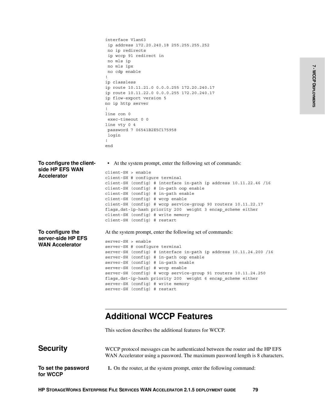 HP Enterprise File Services WAN Accelerator manual Additional Wccp Features, Security, To set the password, For Wccp 