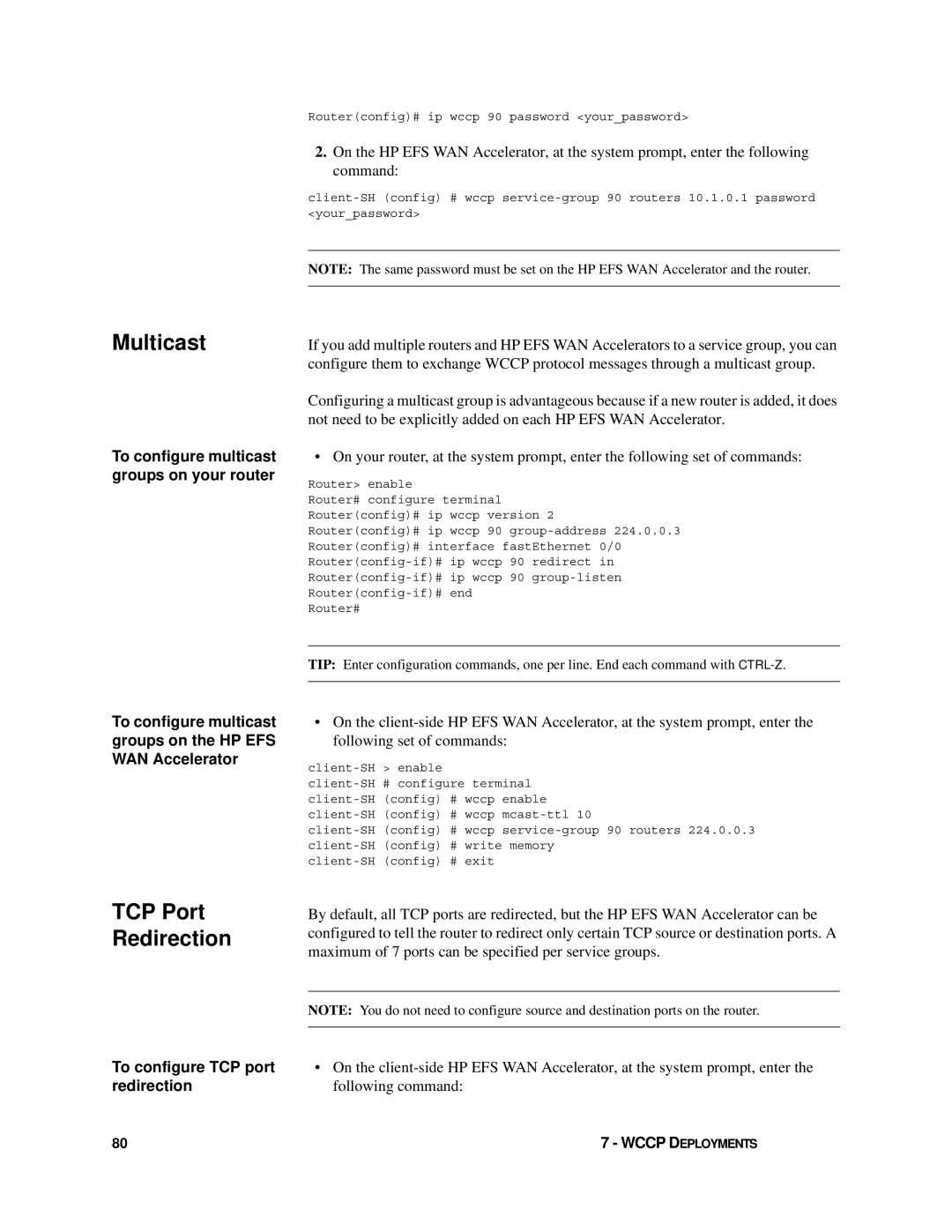 HP Enterprise File Services WAN Accelerator manual Multicast, TCP Port Redirection 