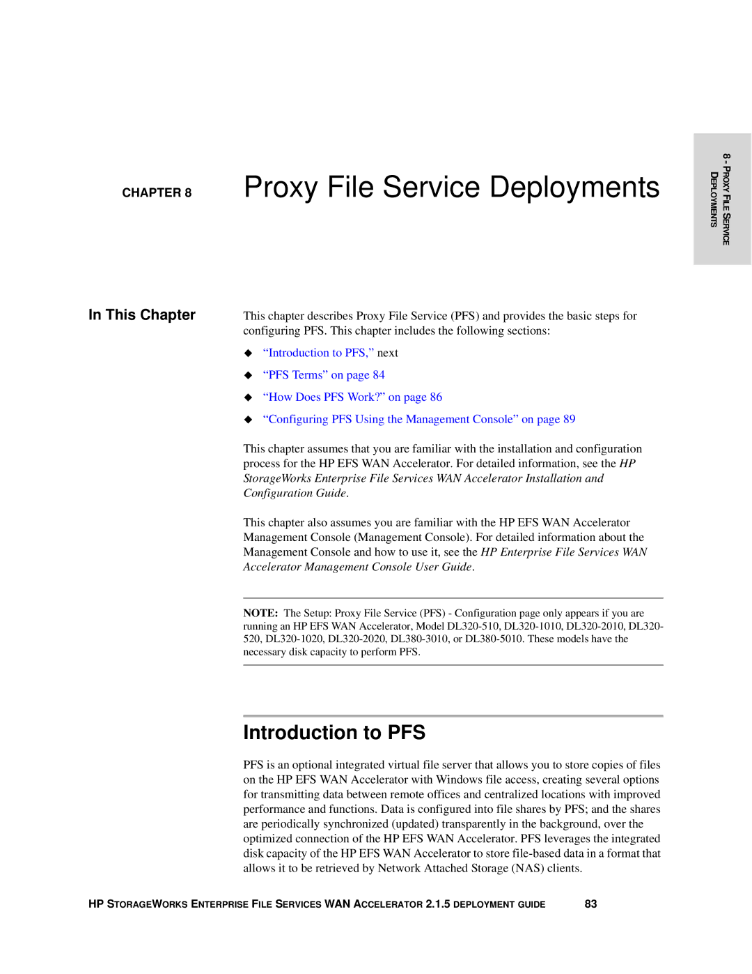 HP Enterprise File Services WAN Accelerator manual Proxy File Service Deployments, Introduction to PFS 