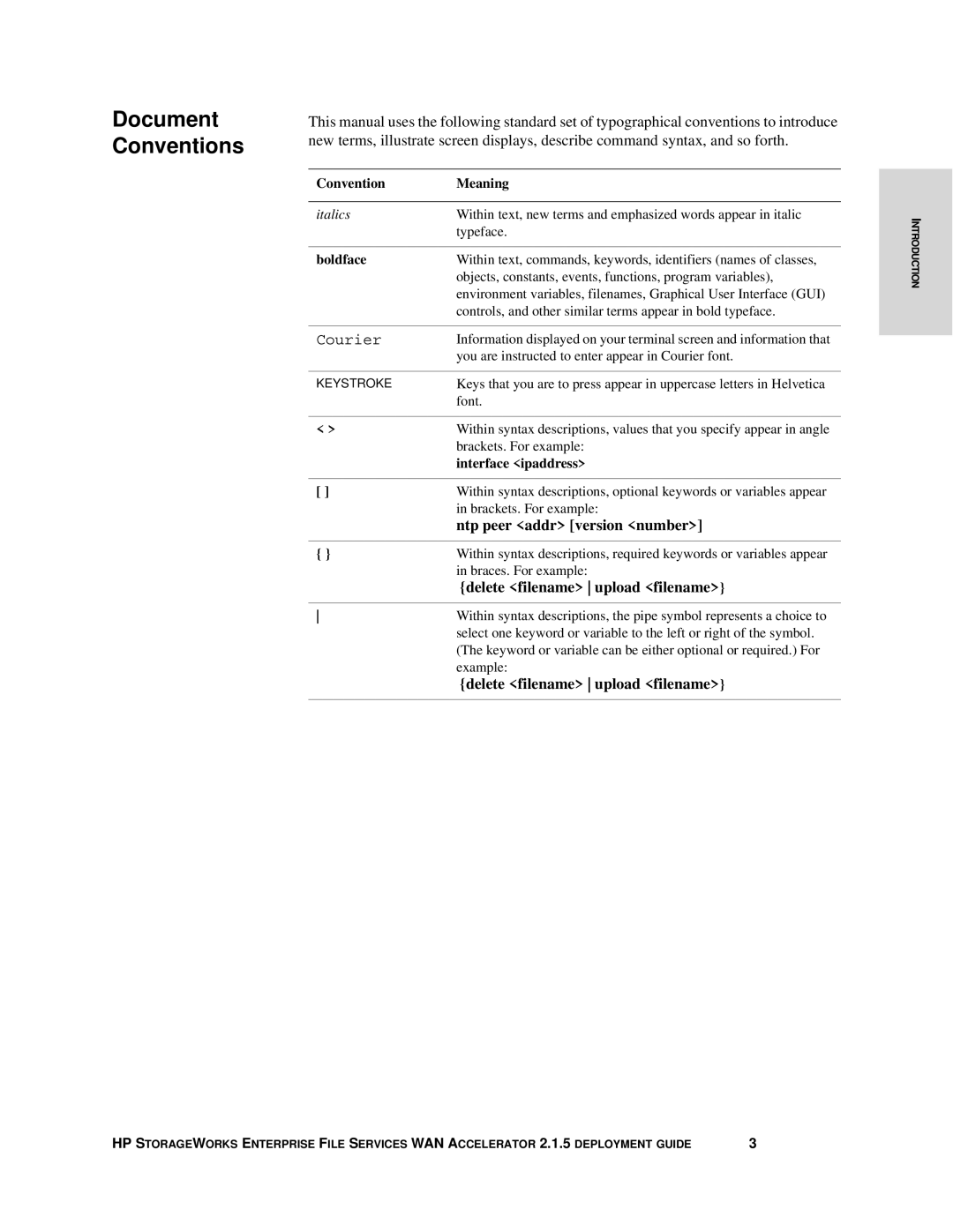 HP Enterprise File Services WAN Accelerator manual Document Conventions, Boldface 