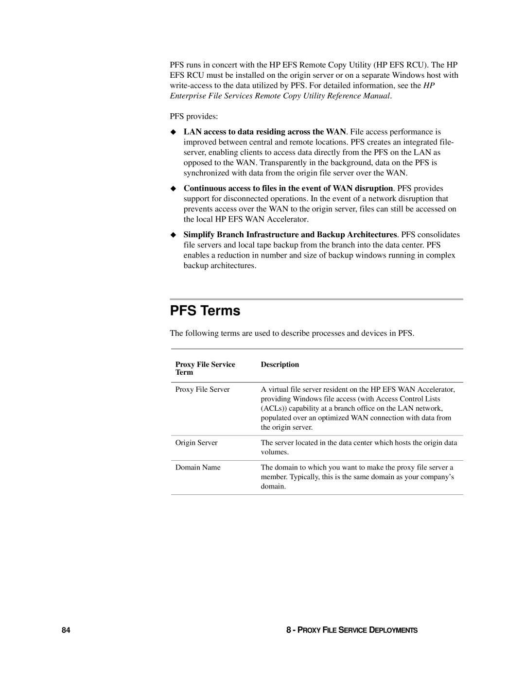 HP Enterprise File Services WAN Accelerator manual PFS Terms, Proxy File Service Description Term 