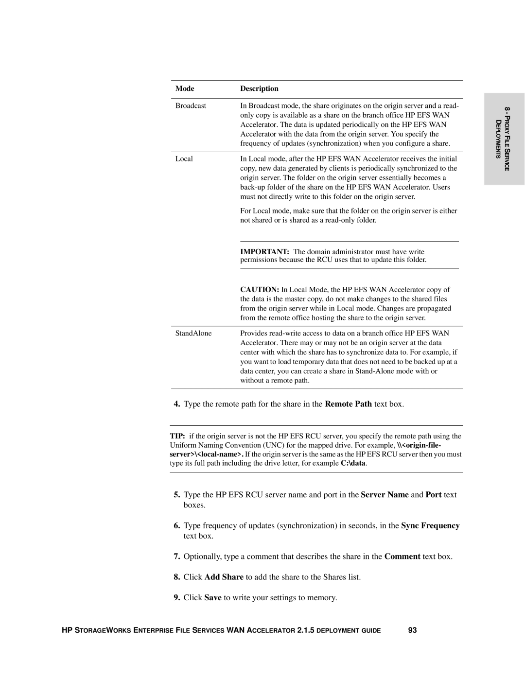 HP Enterprise File Services WAN Accelerator manual Mode Description 