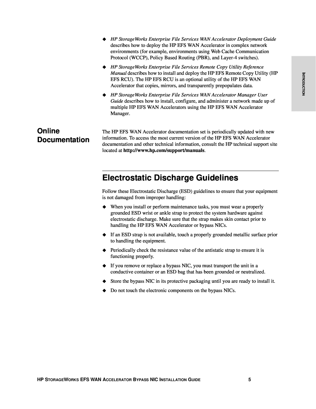 HP Enterprise File Services WAN Accelerator manual Electrostatic Discharge Guidelines, Online Documentation 