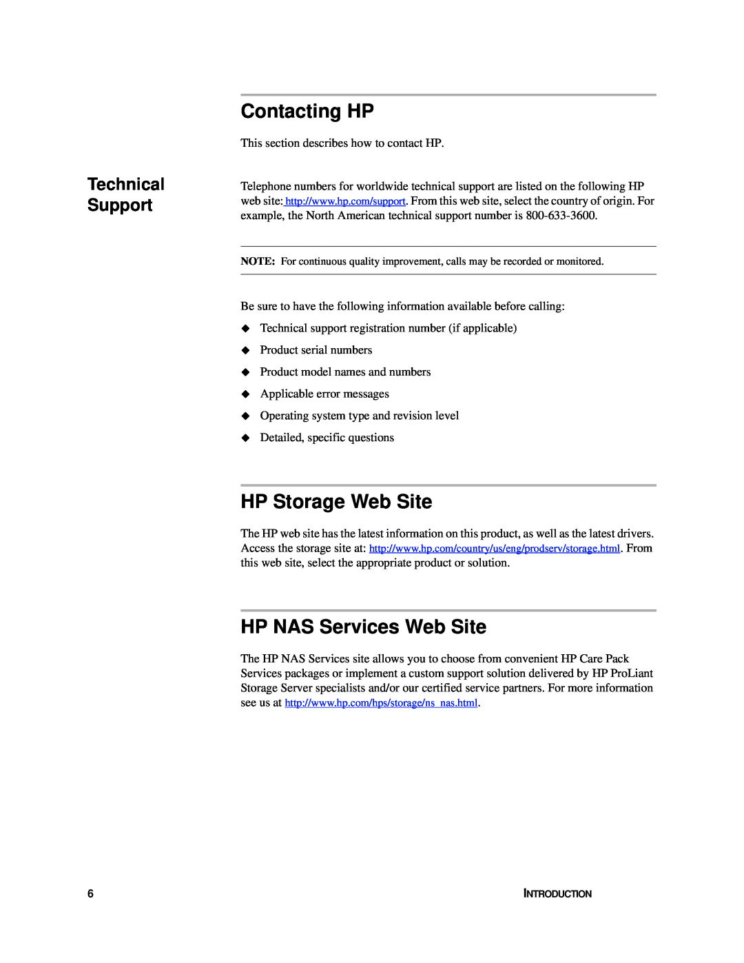 HP Enterprise File Services WAN Accelerator manual Contacting HP, HP Storage Web Site, HP NAS Services Web Site 