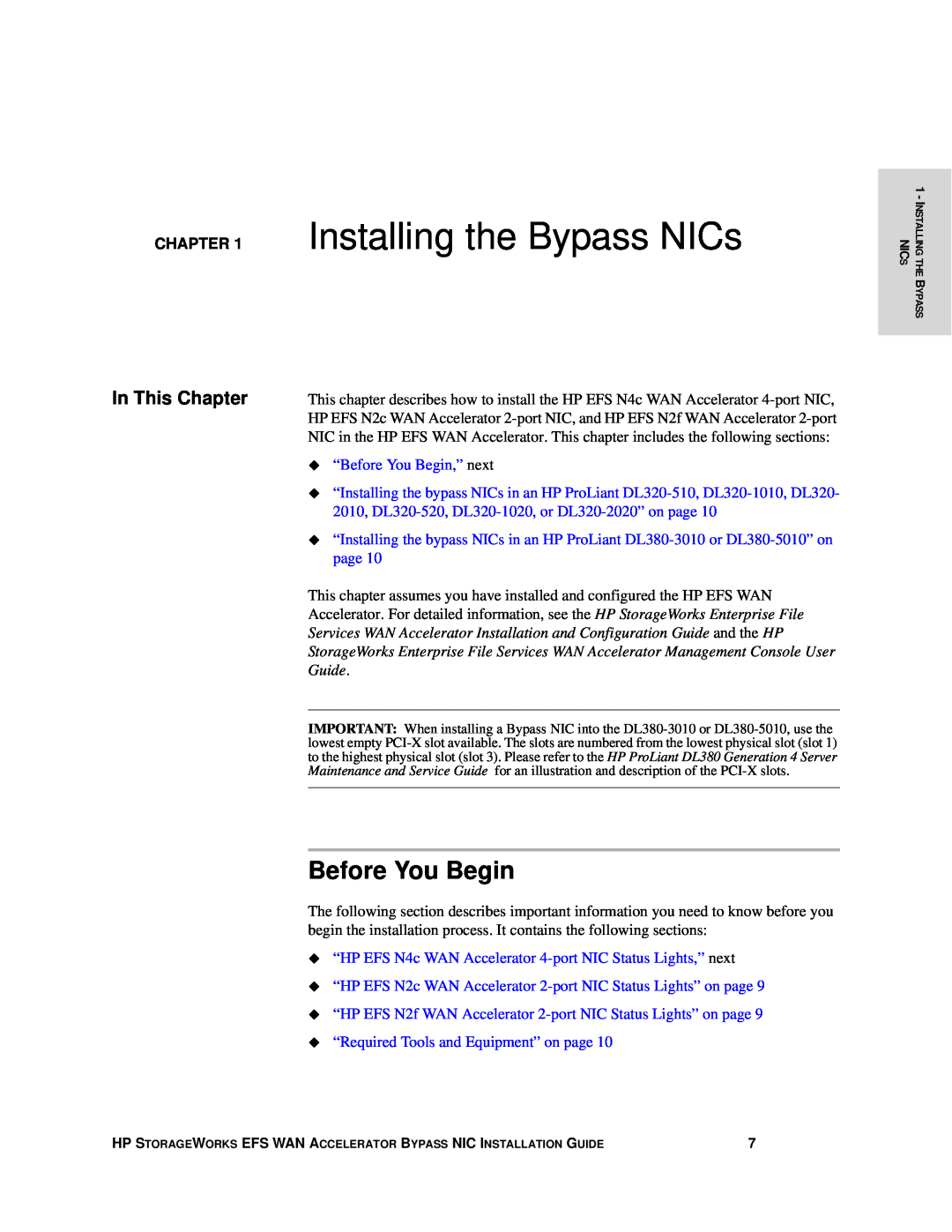 HP Enterprise File Services WAN Accelerator manual Installing the Bypass NICs, Before You Begin, In This Chapter, Guide 