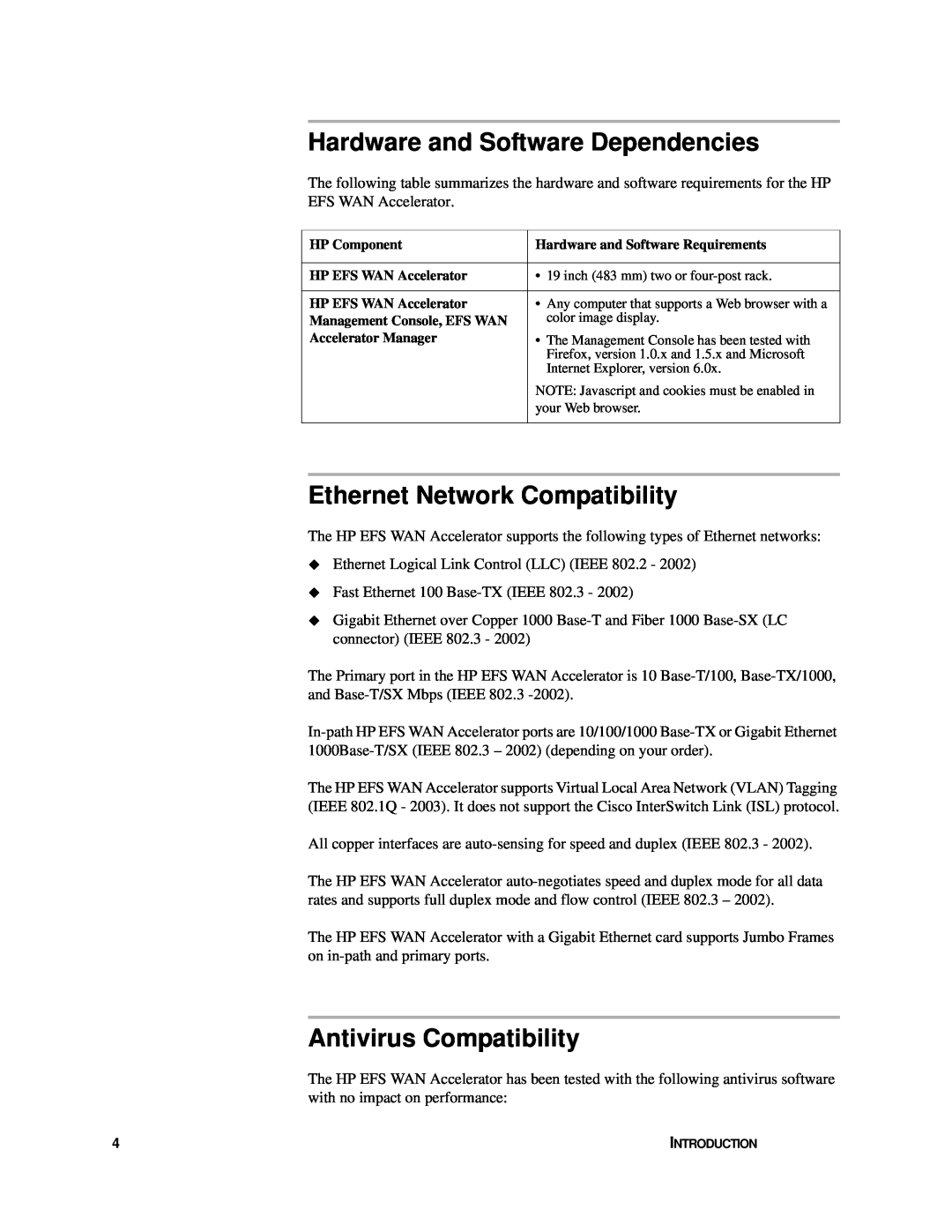 HP Enterprise File Services WAN Accelerator manual Hardware and Software Dependencies, Ethernet Network Compatibility 