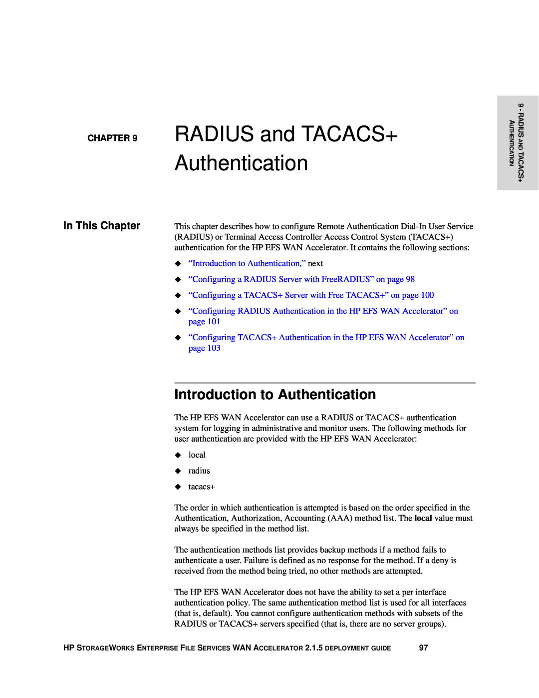 HP Enterprise File Services WAN Accelerator manual RADIUS and TACACS+ Authentication, Introduction to Authentication, page 