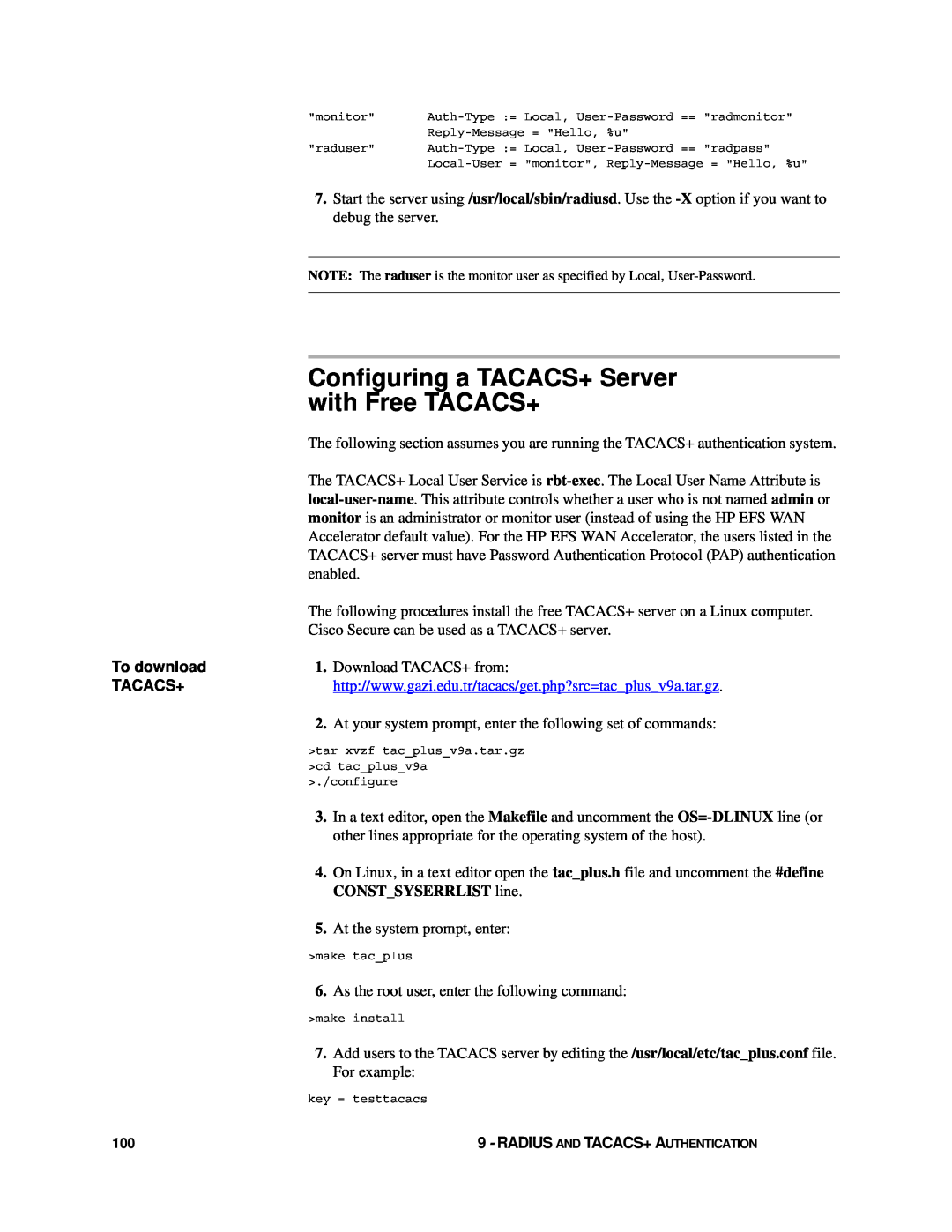 HP Enterprise File Services WAN Accelerator manual Configuring a TACACS+ Server with Free TACACS+, To download, Tacacs+ 