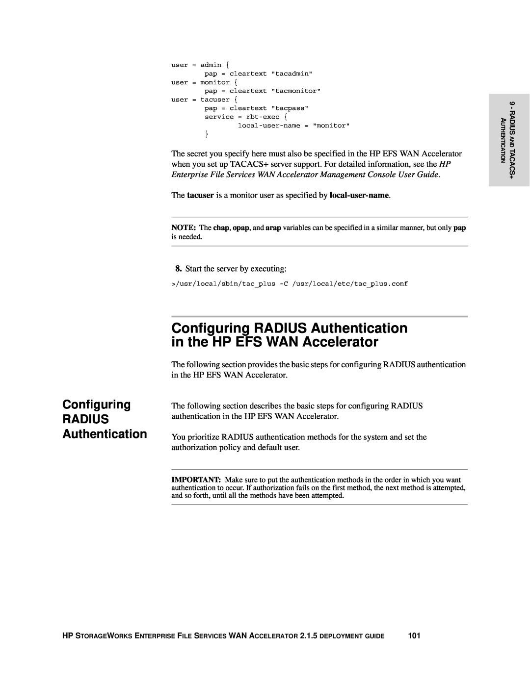 HP Enterprise File Services WAN Accelerator manual Configuring RADIUS Authentication in the HP EFS WAN Accelerator 