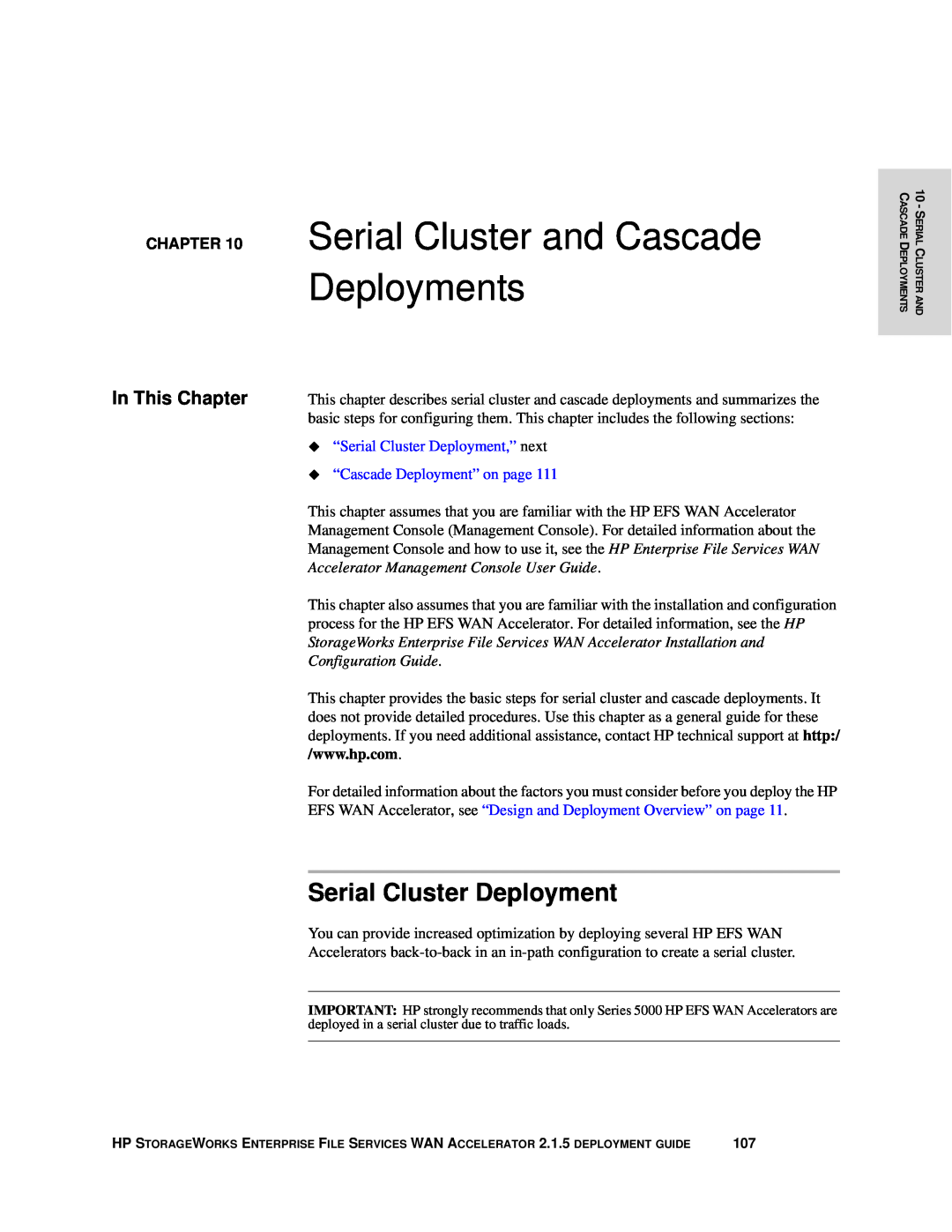 HP Enterprise File Services WAN Accelerator manual Serial Cluster and Cascade Deployments, Serial Cluster Deployment 