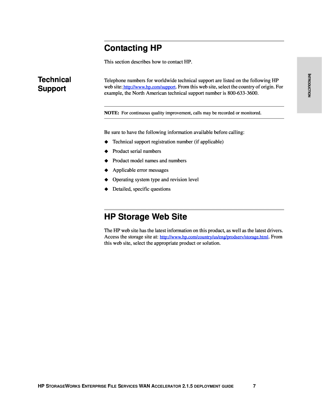 HP Enterprise File Services WAN Accelerator manual Contacting HP, HP Storage Web Site, Technical Support 