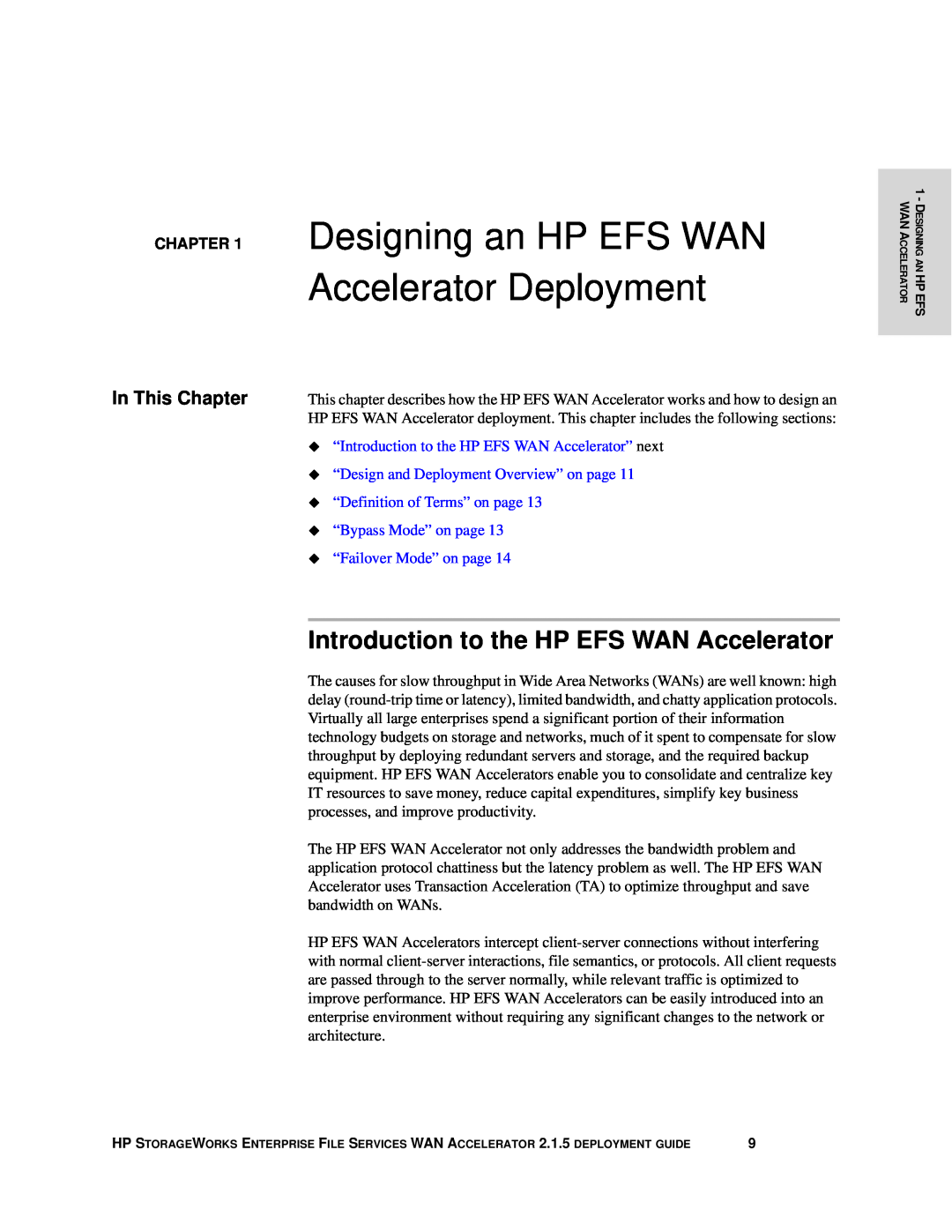 HP Enterprise File Services WAN Accelerator manual Designing an HP EFS WAN Accelerator Deployment, In This Chapter 