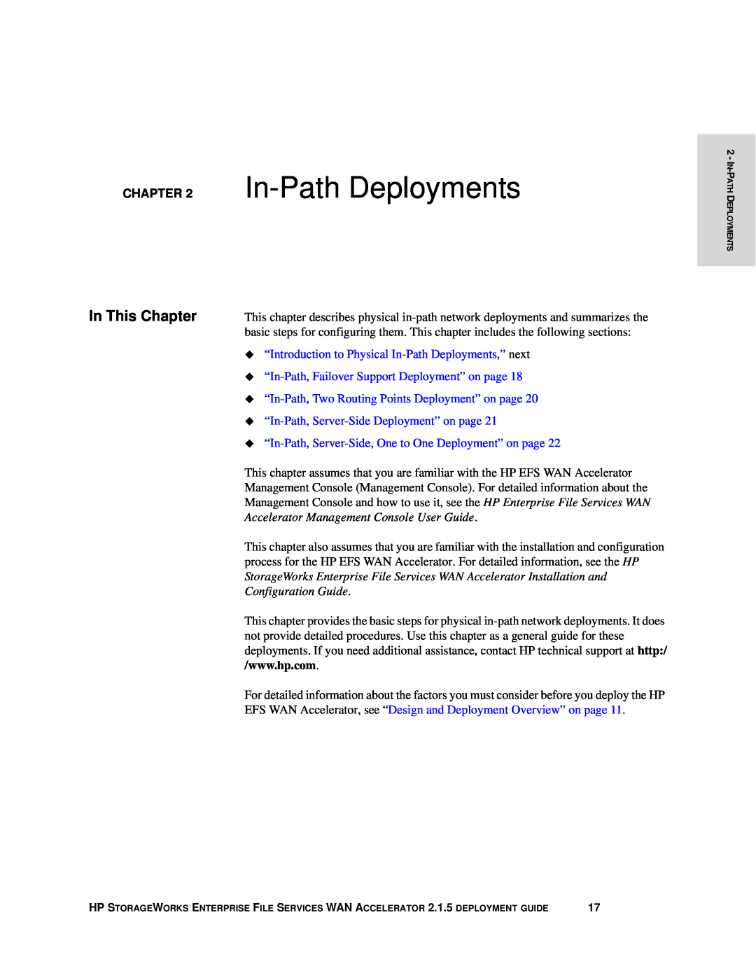 HP Enterprise File Services WAN Accelerator ‹ “Introduction to Physical In-Path Deployments,” next, In This Chapter 