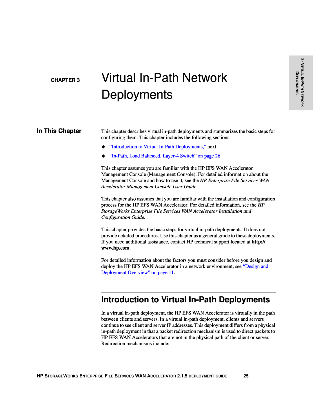 HP Enterprise File Services WAN Accelerator manual Virtual In-Path Network Deployments, Deployment Overview” on page 
