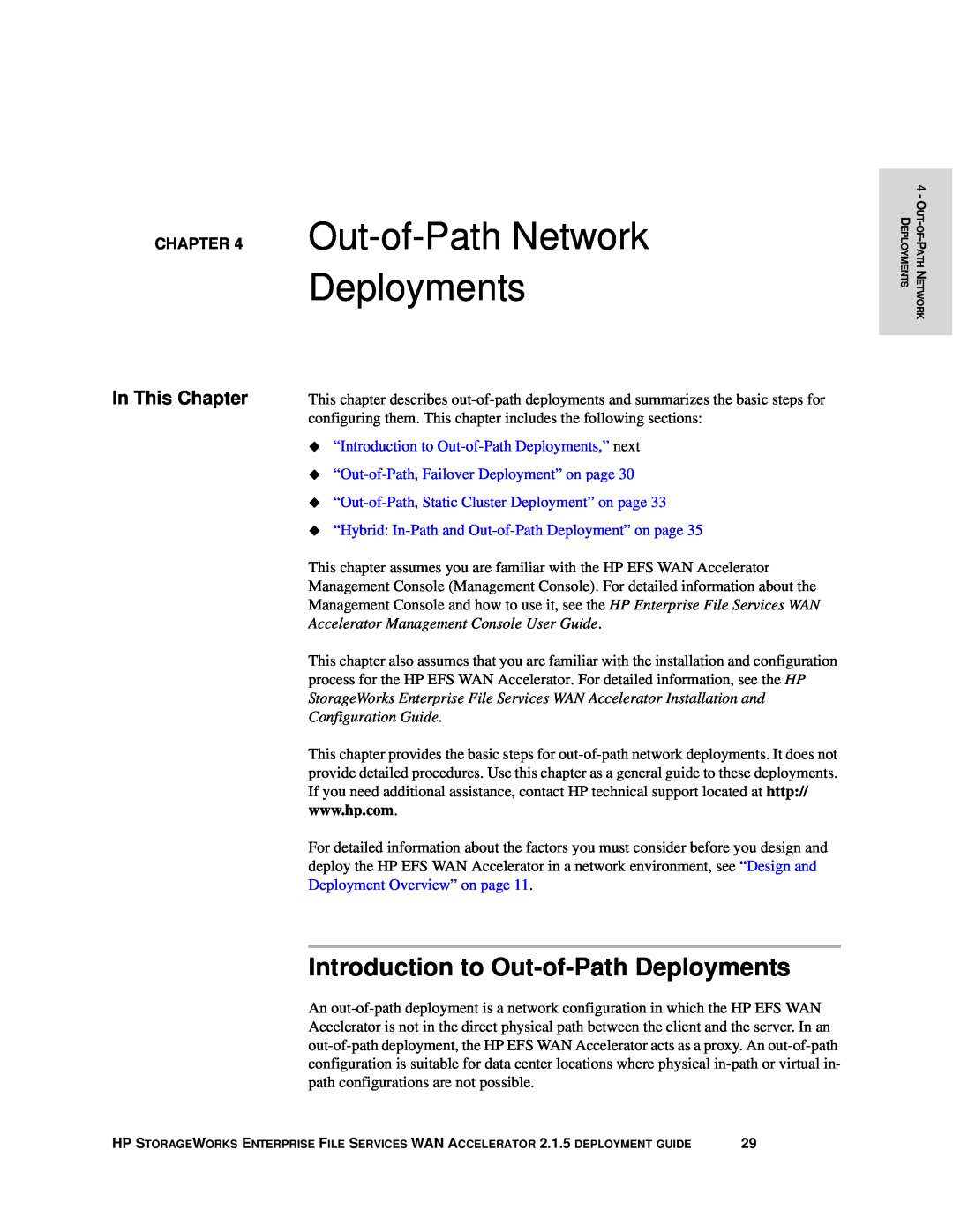 HP Enterprise File Services WAN Accelerator manual Out-of-Path Network Deployments, Introduction to Out-of-Path Deployments 