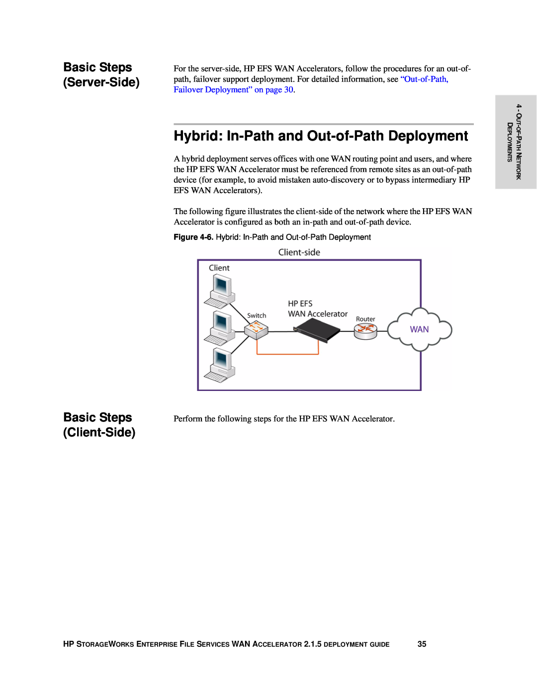 HP Enterprise File Services WAN Accelerator manual Hybrid In-Path and Out-of-Path Deployment, Basic Steps, Server-Side 
