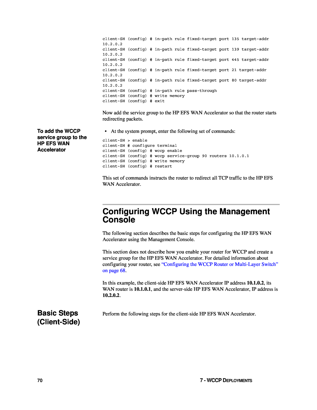 HP Enterprise File Services WAN Accelerator manual Configuring WCCP Using the Management Console, Basic Steps Client-Side 