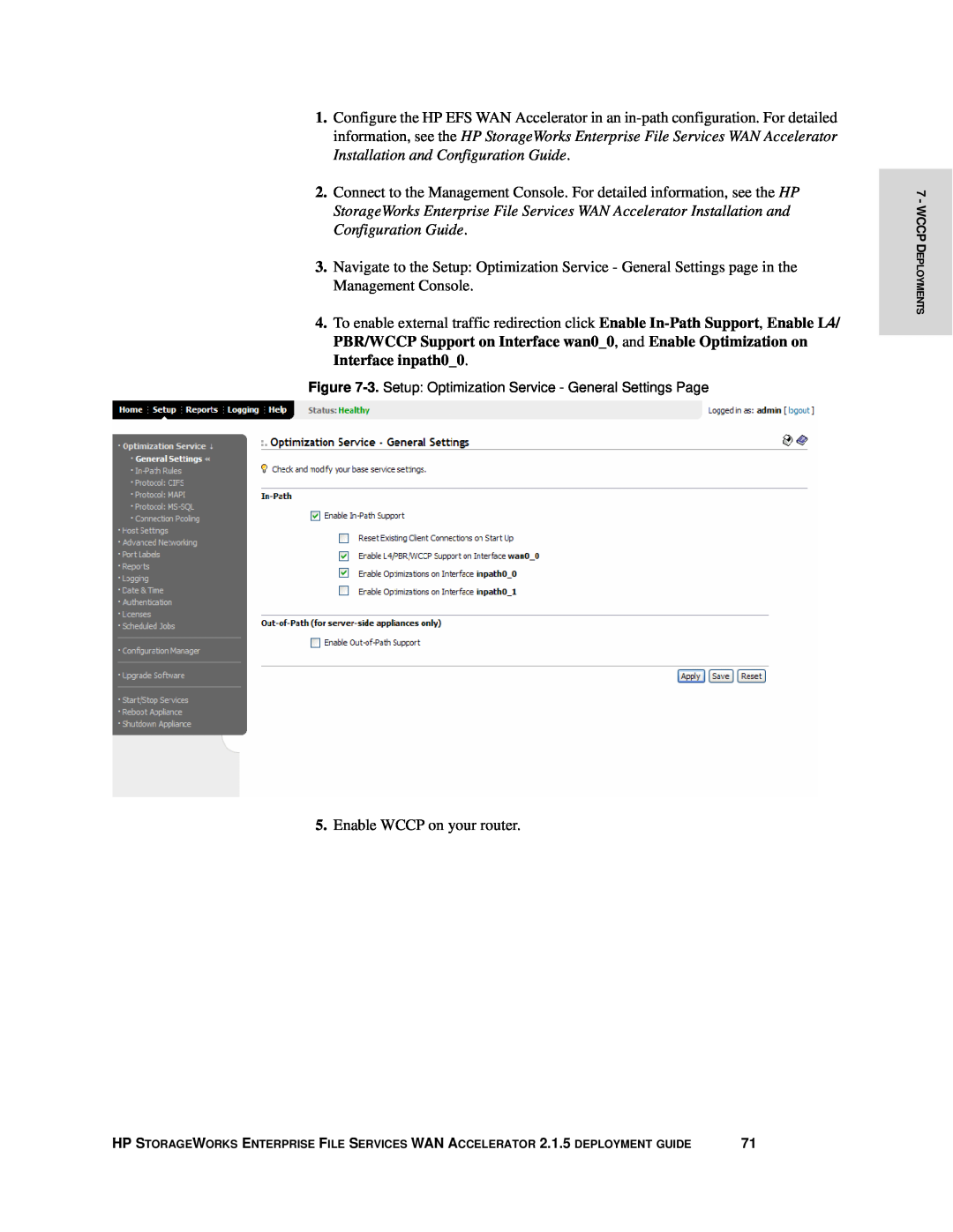 HP Enterprise File Services WAN Accelerator manual 3. Setup Optimization Service - General Settings Page 