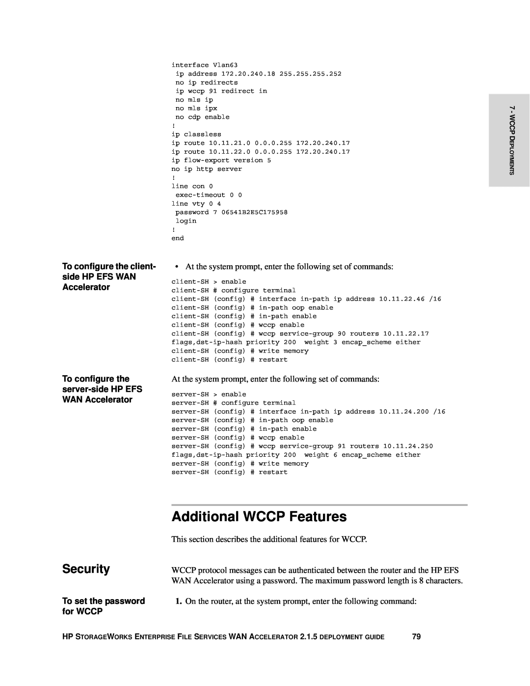 HP Enterprise File Services WAN Accelerator manual Additional WCCP Features, Security, To set the password, for WCCP 