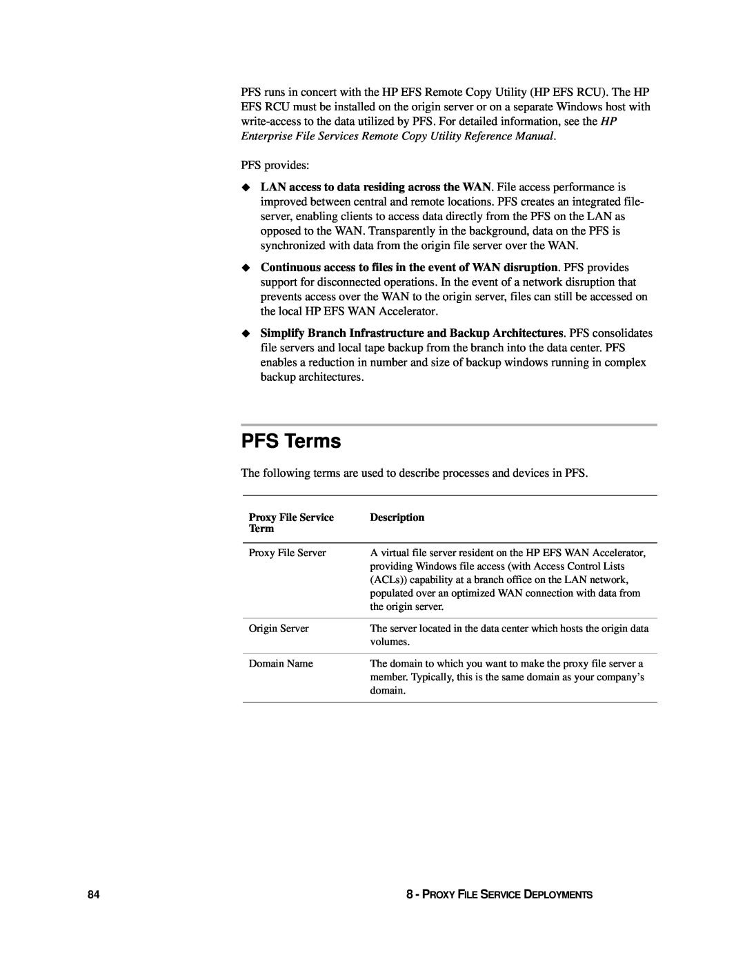 HP Enterprise File Services WAN Accelerator manual PFS Terms, PFS provides 