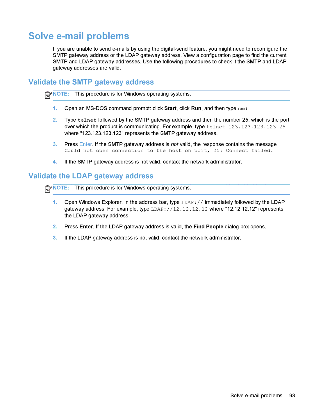 HP Enterprise Flow 7000 S2 Sheet-Feed 7000N manual Solve e-mail problems, Validate the Smtp gateway address 