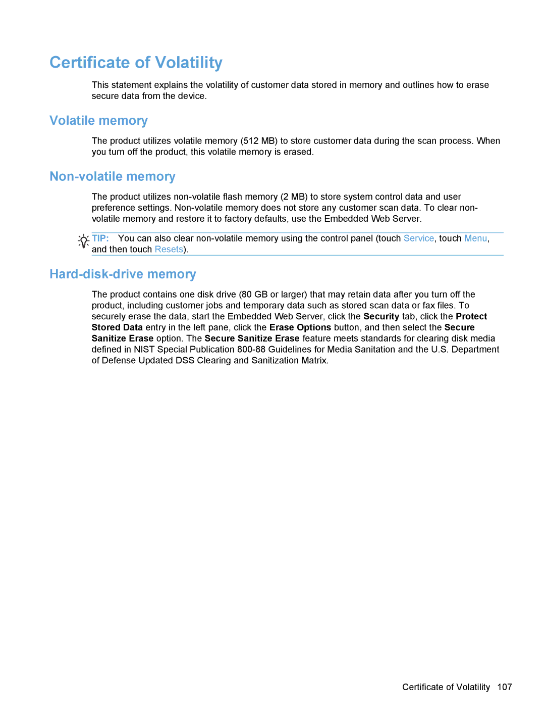 HP Enterprise Flow 7000 S2 Sheet-Feed 7000N manual Certificate of Volatility, Volatile memory, Non-volatile memory 