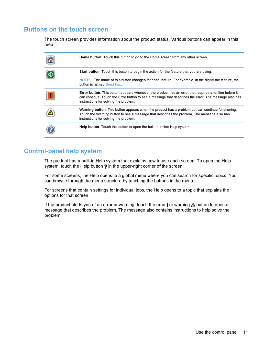 HP Enterprise Flow 7000 S2 Sheet-Feed 7000N manual Buttons on the touch screen, Control-panel help system 