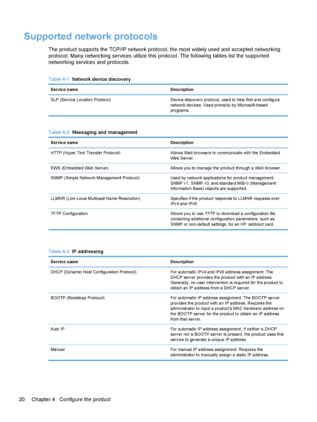 HP Enterprise Flow 7000 S2 Sheet-Feed L2730BBGJ manual Supported network protocols, Service name Description 