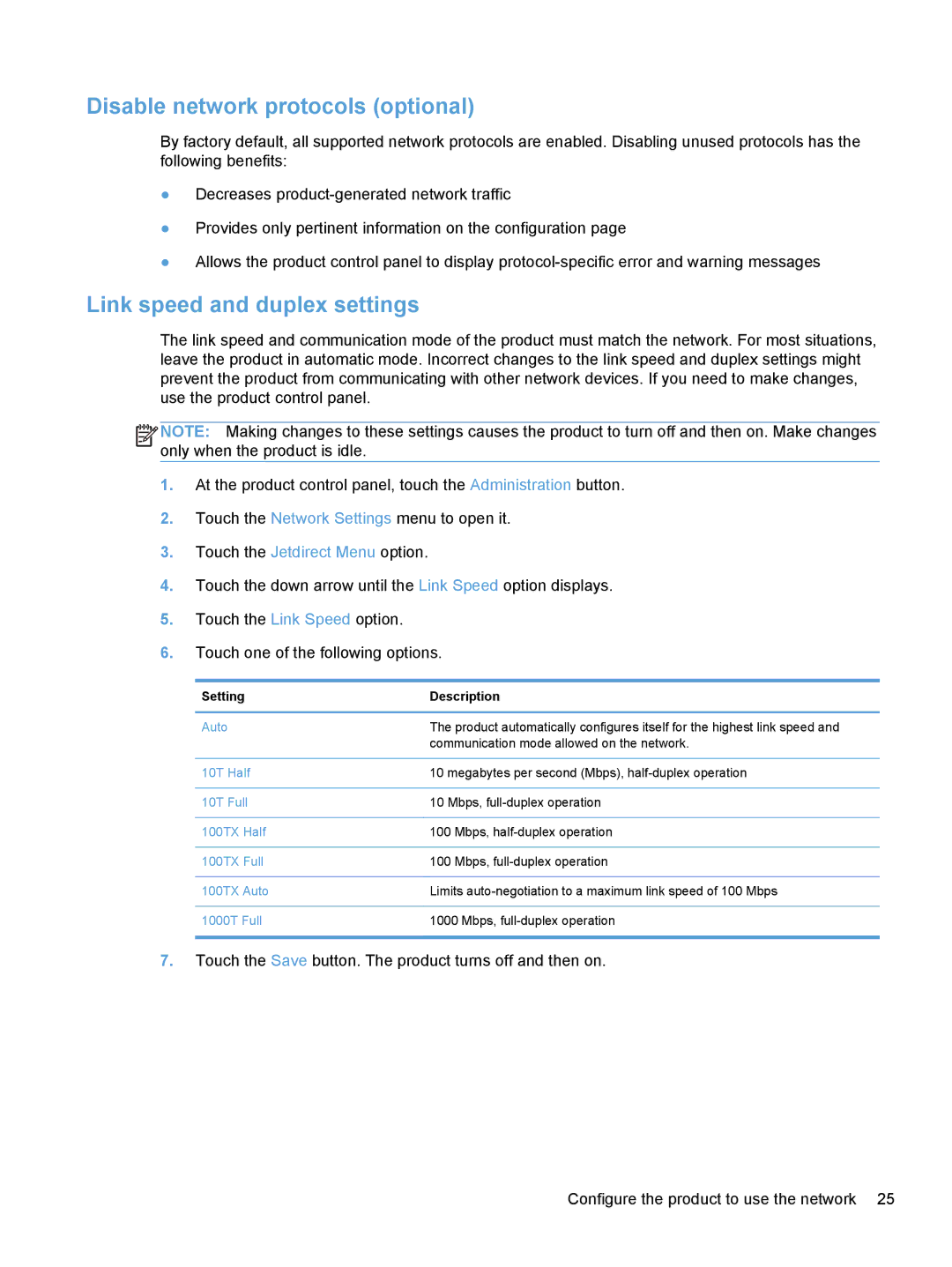 HP Enterprise Flow 7000 S2 Sheet-Feed 7000N manual Disable network protocols optional, Link speed and duplex settings 