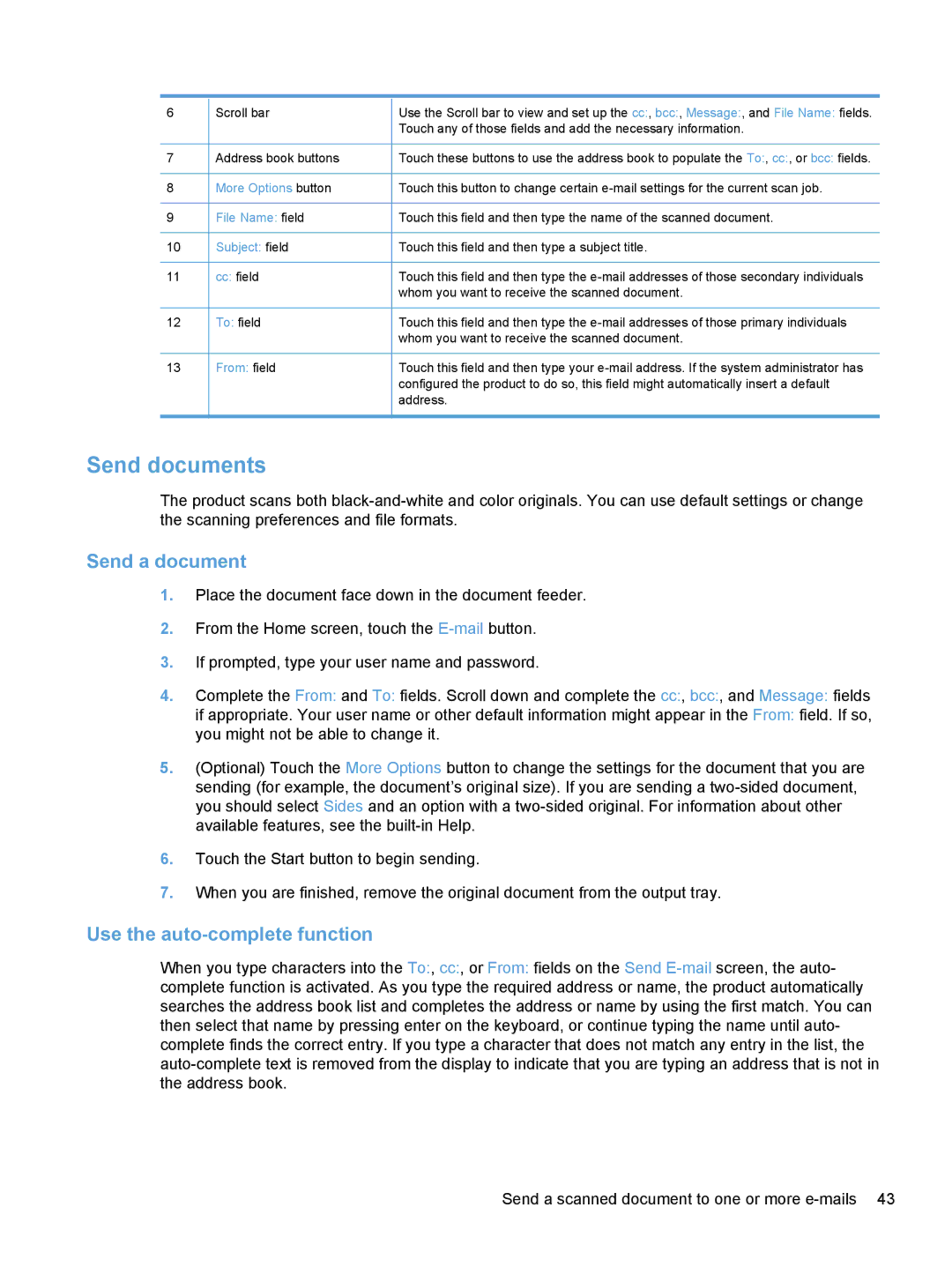 HP Enterprise Flow 7000 S2 Sheet-Feed 7000N manual Send documents, More Options button, File Name field, Subject field 